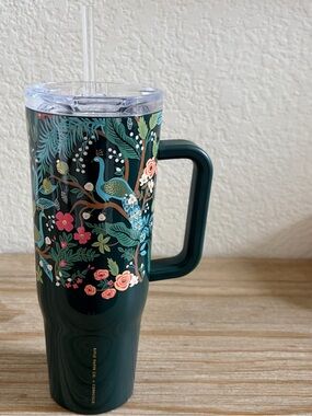Corkcicle Dark Green Floral & Peacock Travel Tumbler with Handle